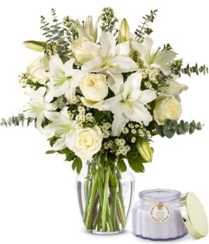 With All Our Sympathy Lily Arrangement with Scented Candle
