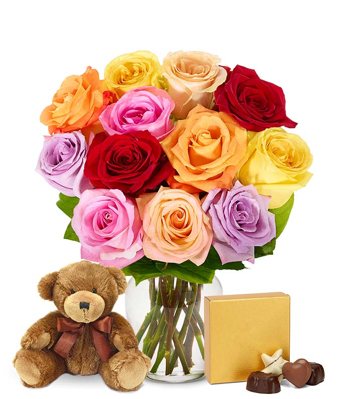 F-030.jpg One Dozen Rainbow Roses with Bear & Chocolates