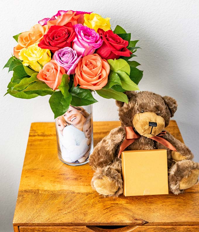 F-030_A3.jpg One Dozen Rainbow Roses with Bear & Chocolates - Image 4