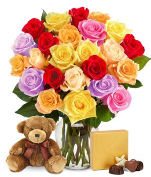 Two Dozen Rainbow Roses with Bear & Chocolates