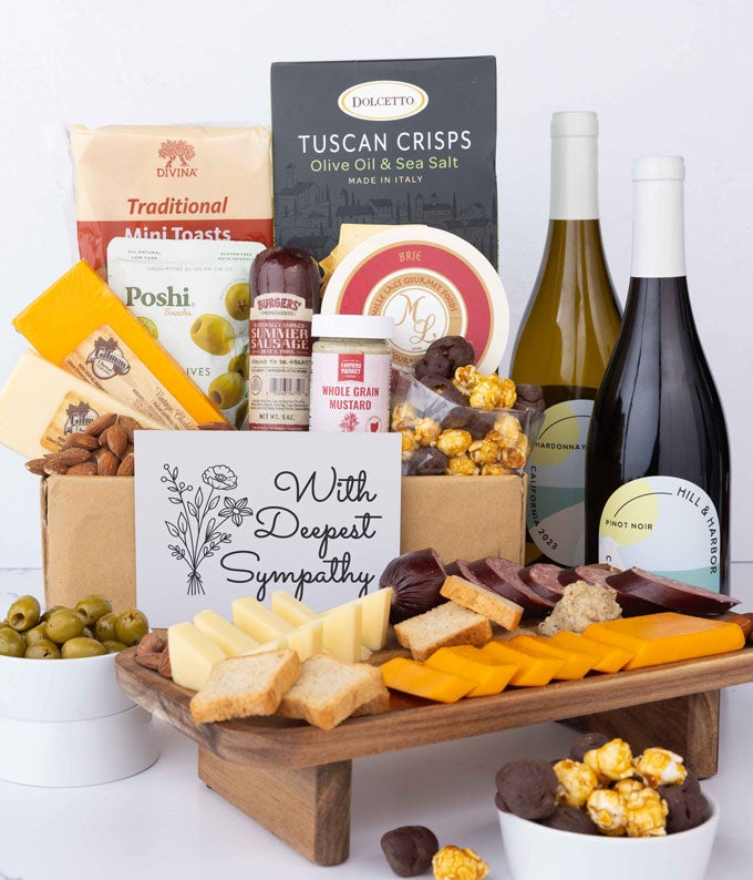 F-037.jpg Deepest Sympathy Deluxe Charcuterie Gift Box with Red & White Wine