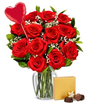 One Dozen Red Roses + Heart Balloon + Chocolate