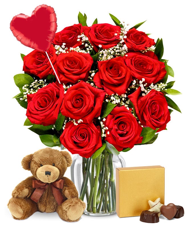 F-130.jpg One Dozen Red Roses + Heart Balloon + Chocolate + Bear