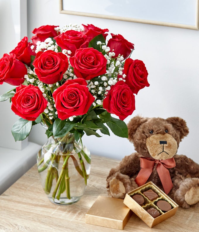 F-130_A3.jpg One Dozen Red Roses + Heart Balloon + Chocolate + Bear - Image 4