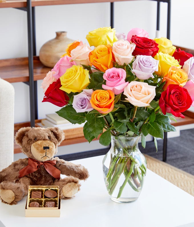 F-234_A2.jpg Two Dozen Rainbow Roses + Chocolate + Bear - Image 3
