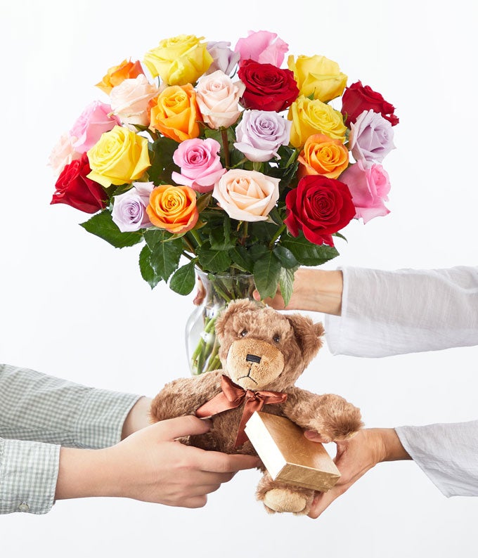 F-234_A3.jpg Two Dozen Rainbow Roses + Chocolate + Bear - Image 4