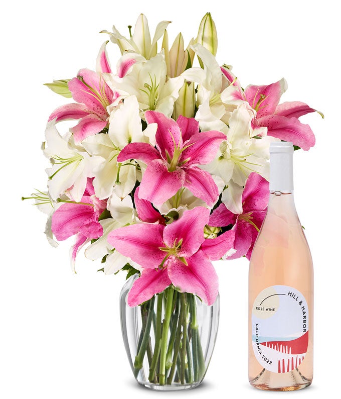 F-244.jpg Pink and White Lilies with Rosé Wine
