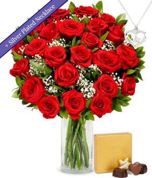 Two Dozen Red Roses with Sterling Silver Heart Necklace & Chocolates