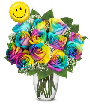 Wild Rainbow Rose & Balloon Bouquet