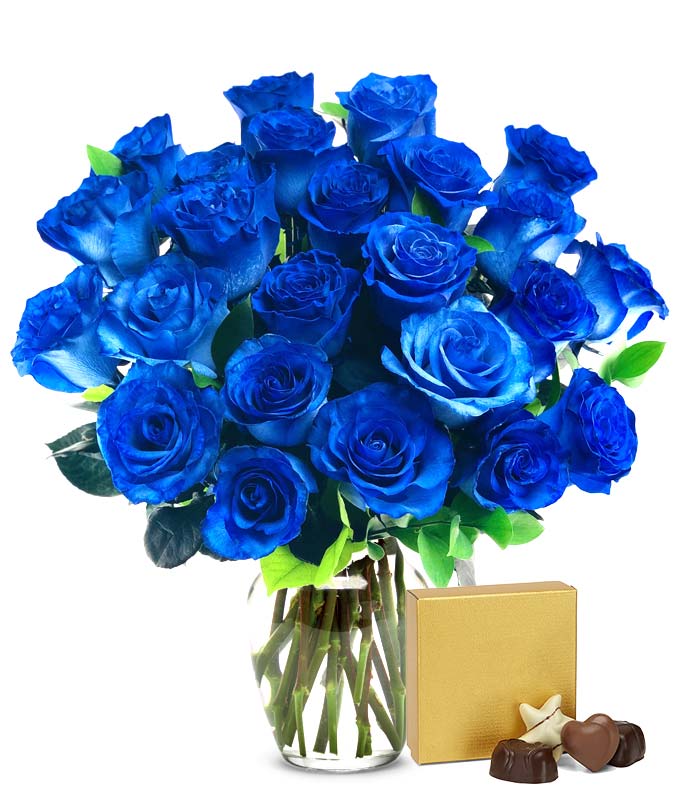 F-472.jpg Two Dozen Blue Roses with Chocolates