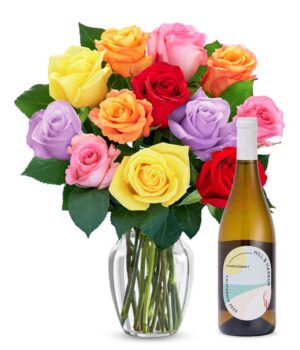 One Dozen Rainbow Roses with White Wine