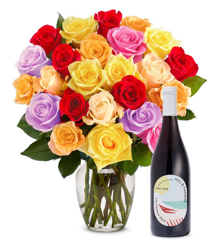 F-475.jpg Two Dozen Rainbow Roses with Red Wine