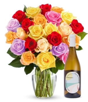 Two Dozen Rainbow Roses with White Wine