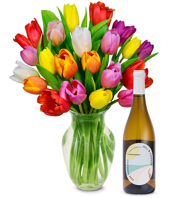 F-489.jpg Premium Rainbow Tulip Bouquet with White Wine