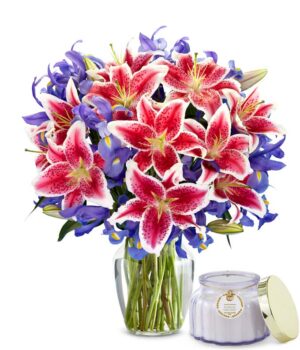 Premium Starlit Iris Bouquet with Scented Candle