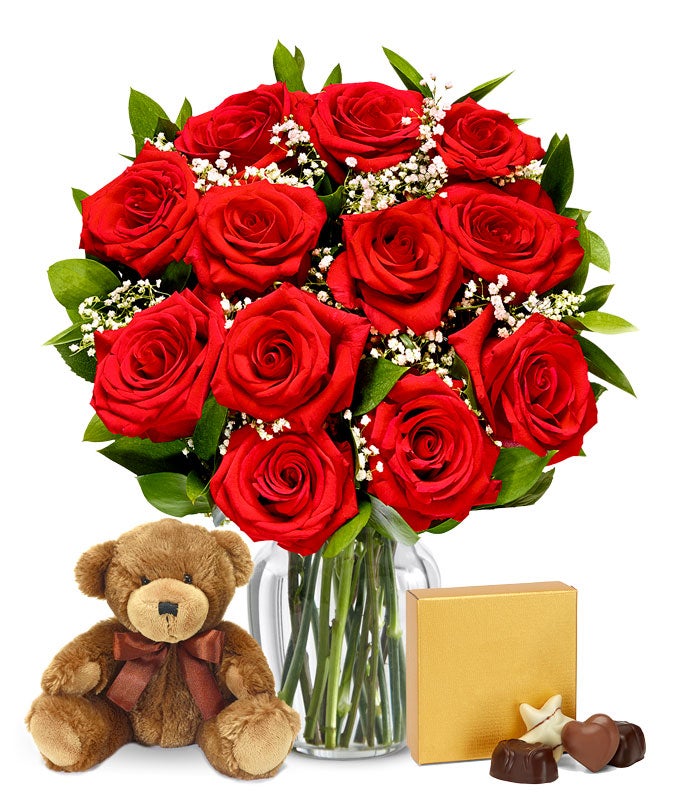 F-503.jpg One Dozen Long Stem Red Roses w/ Chocolates & Bear