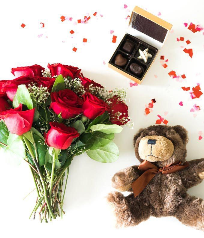F-503_A2.jpg One Dozen Long Stem Red Roses w/ Chocolates & Bear - Image 3