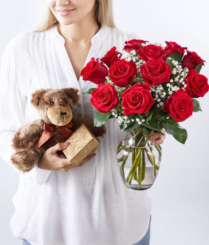 F-503_A4.jpg One Dozen Long Stem Red Roses w/ Chocolates & Bear - Image 5