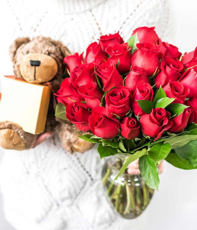 F-505_A3.jpg Two Dozen Long Stemmed Red Roses with Chocolates & Bear - Image 4