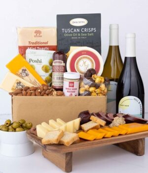Deluxe Charcuterie and Cheese Gift Box with Red & White Wine