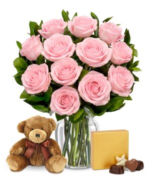 One Dozen Pink Roses with Chocolates and a Bear