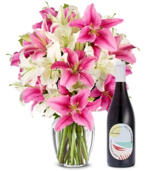 Premium Pink and White Lilies with Red Wine
