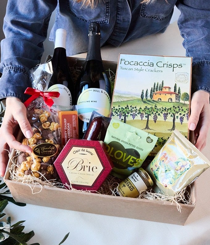 F-520_A2.jpg Deepest Sympathy Charcuterie, Cheese & California Wine Gourmet Gift Box - Red, White, Rosé & Sparkling Wine - Image 2