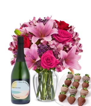 Roses & Lilies, Sparkling Wine, and Chocolate-Dipped Strawberries