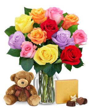One Dozen Rainbow Roses with Chocolates & Bear