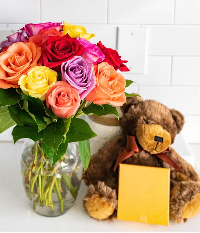 F-642_A2.jpg One Dozen Rainbow Roses with Chocolates & Bear - Image 3