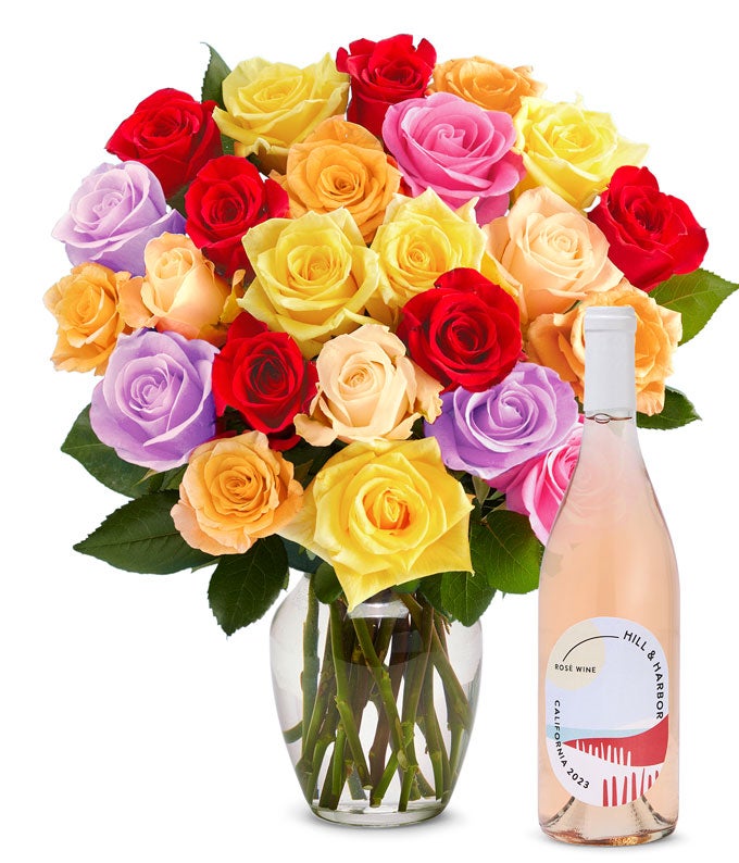 F-691.jpg Two Dozen Rainbow Roses and Rosé