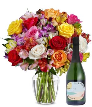Deluxe Bright & Sunny Rose Bouquet with Sparkling Wine