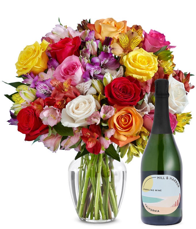 F-864-1.jpg Deluxe Bright & Sunny Rose Bouquet with Sparkling Wine