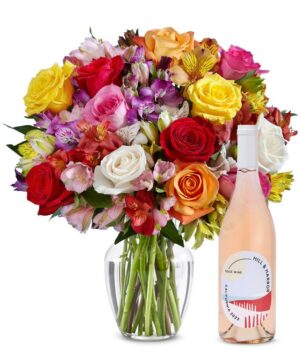 Deluxe Bright & Sunny Rose Bouquet with Rosé Wine