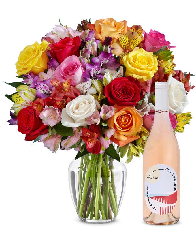 F-865-1.jpg Deluxe Bright & Sunny Rose Bouquet with Rosé Wine