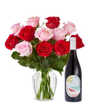 One Dozen Pink & Red Roses with Red Wine