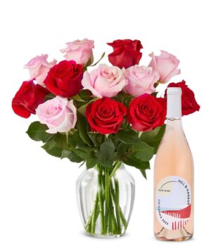 One Dozen Pink & Red Roses with Rosé Wine