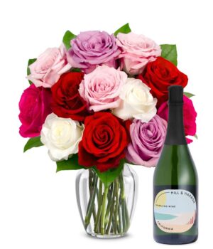 One Dozen Assorted Sweetheart Roses with Sparkling Wine