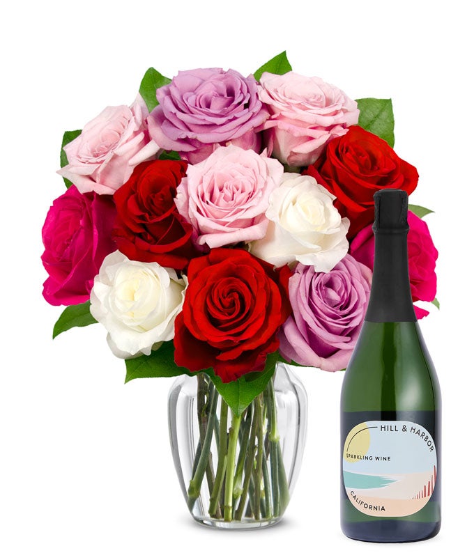 F-875.jpg One Dozen Assorted Sweetheart Roses with Sparkling Wine