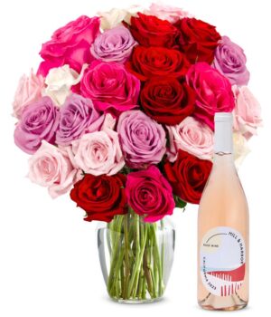 Two Dozen Assorted Sweetheart Roses with Rosé Wine