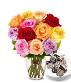 One Dozen Rainbow Roses with Drizzled Oreos