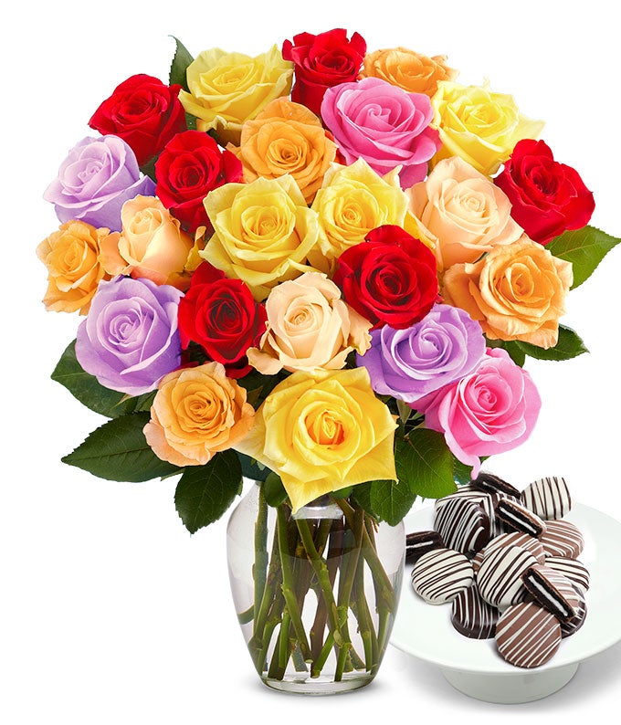 F-917.jpg Two Dozen Rainbow Roses with Drizzled Oreos