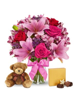 Rose & Lily Celebration with Bear & Chocolate