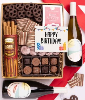 Happy Birthday! Sweet Treats Chocolate Gift Box with Red & White Wine