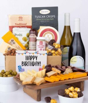 Happy Birthday! Charcuterie & Cheese Gift Box with Red & White Wine