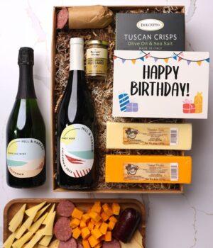 Happy Birthday! Cheese & Meat Gift Box with Red & Sparkling Wine