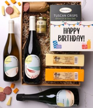 Happy Birthday! Cheese & Meat Gift Box with Red, White and Sparkling Wine