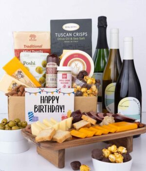 Happy Birthday! Charcuterie, Cheese & California Wine Gourmet Gift Box - Red, White & Sparkling Wine
