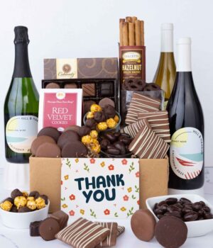 Thank You! Deluxe Sweet Treats Chocolate Gift with Red, White & Sparkling Wine